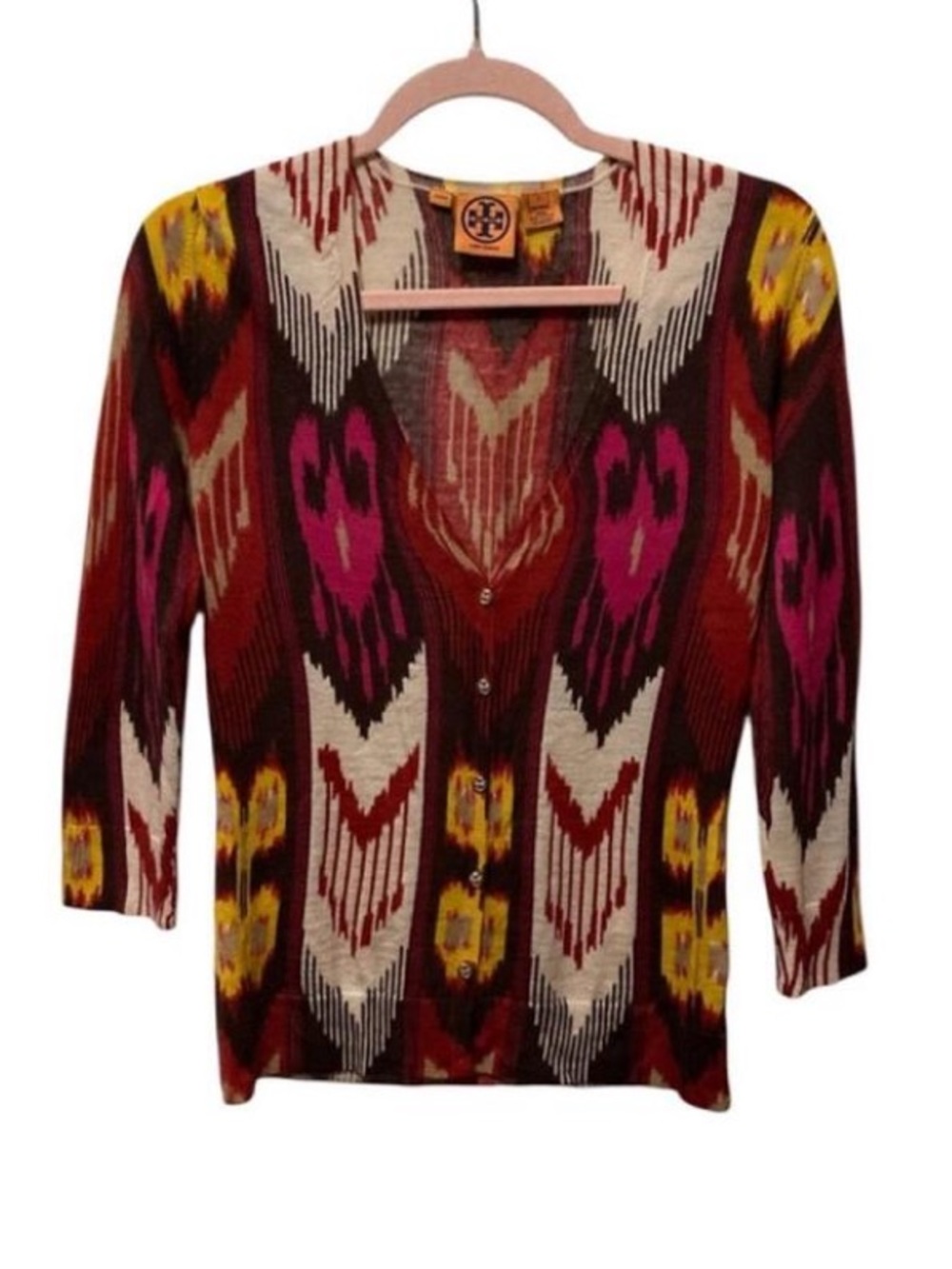 Tory Burch Wool Multicolor Ikat V-Neck Cardigan — Burgundy, Pink & Yellow